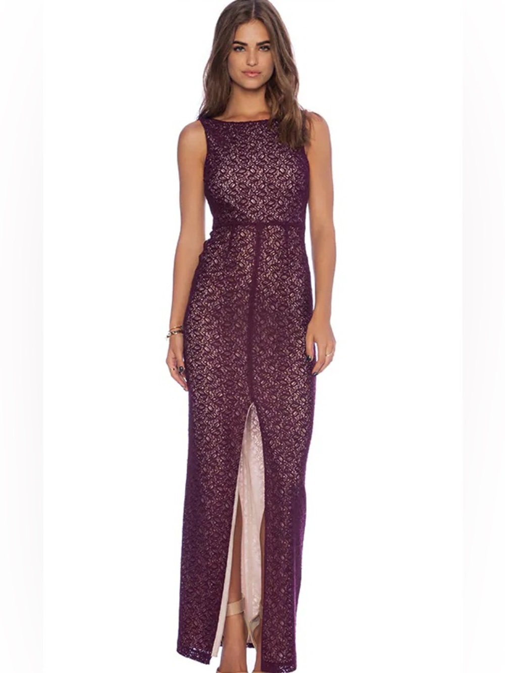 Alice + Olivia Plum Lace Maxi Dress with Front Slit